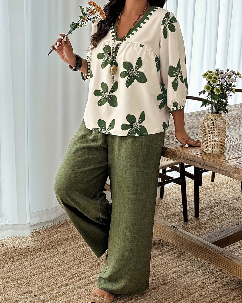 Floral Print V-Neck Top Wide-Leg Pants Set