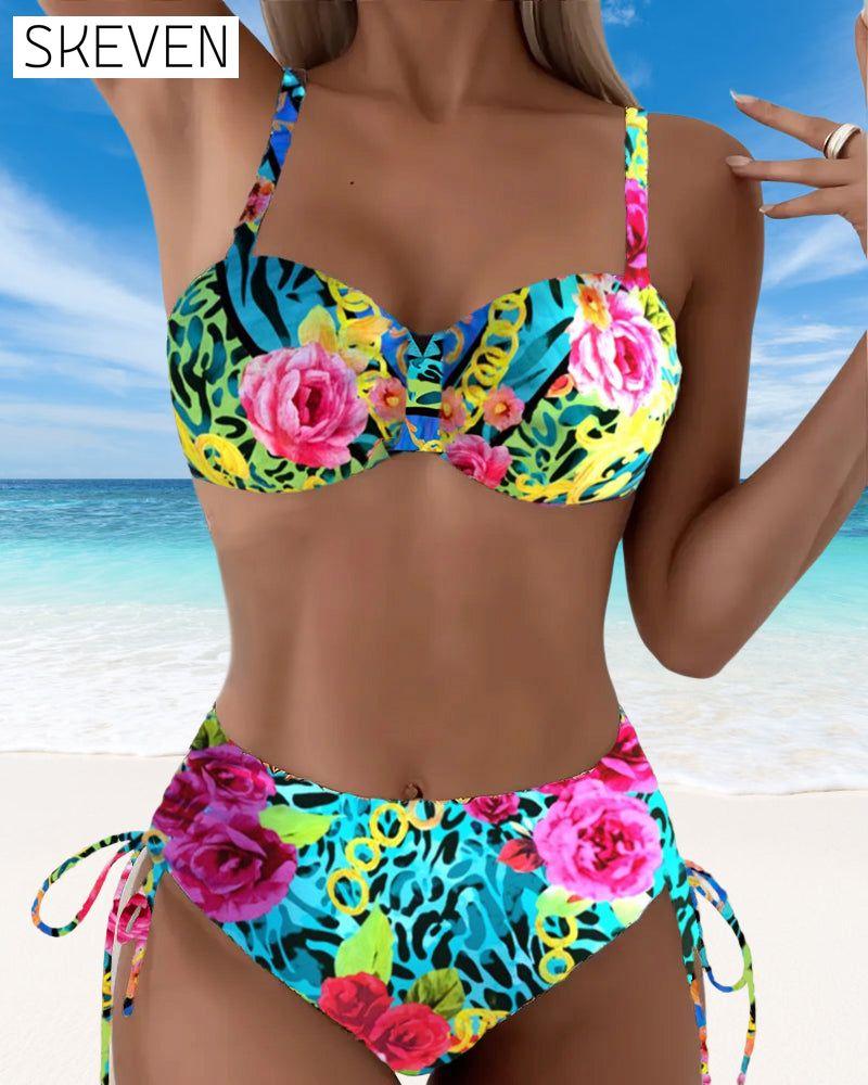 Sexy Triangel-Bikini mit Blumenmuster und Schnürung