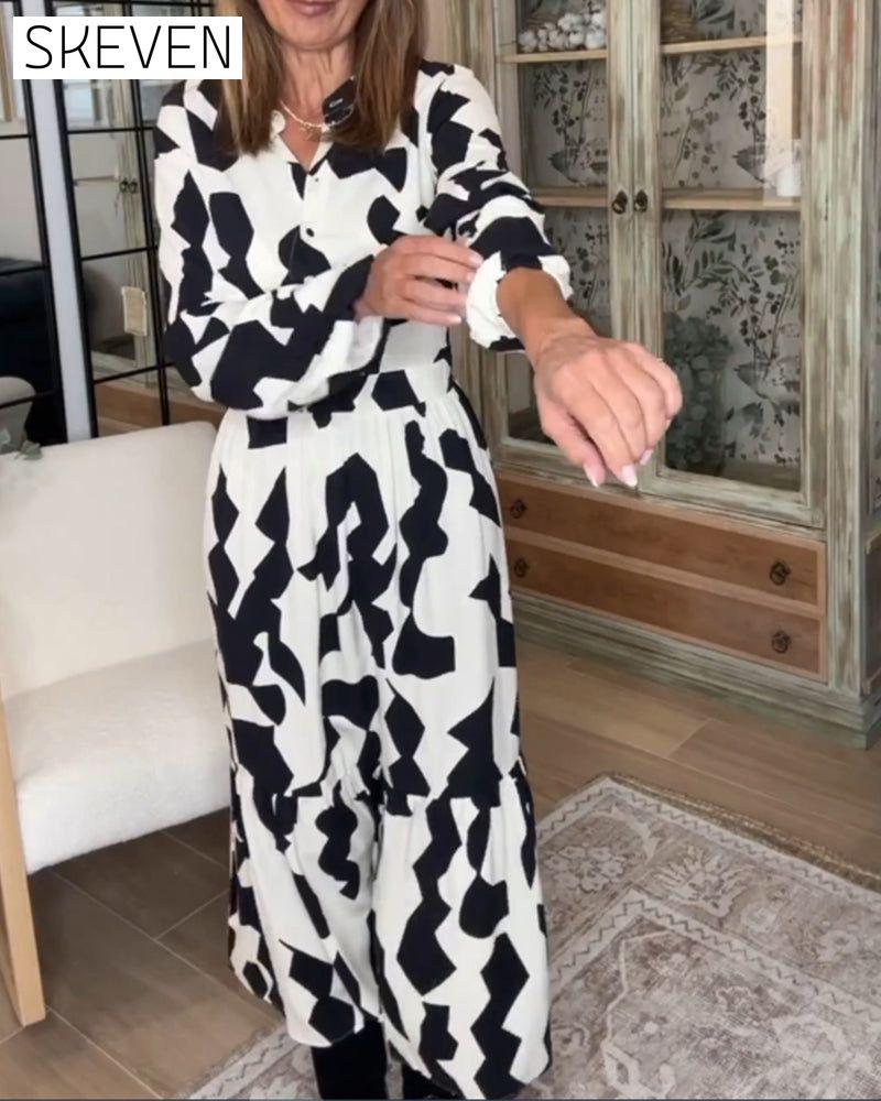 Bedrucktes, langärmeliges, lässiges Maxikleid