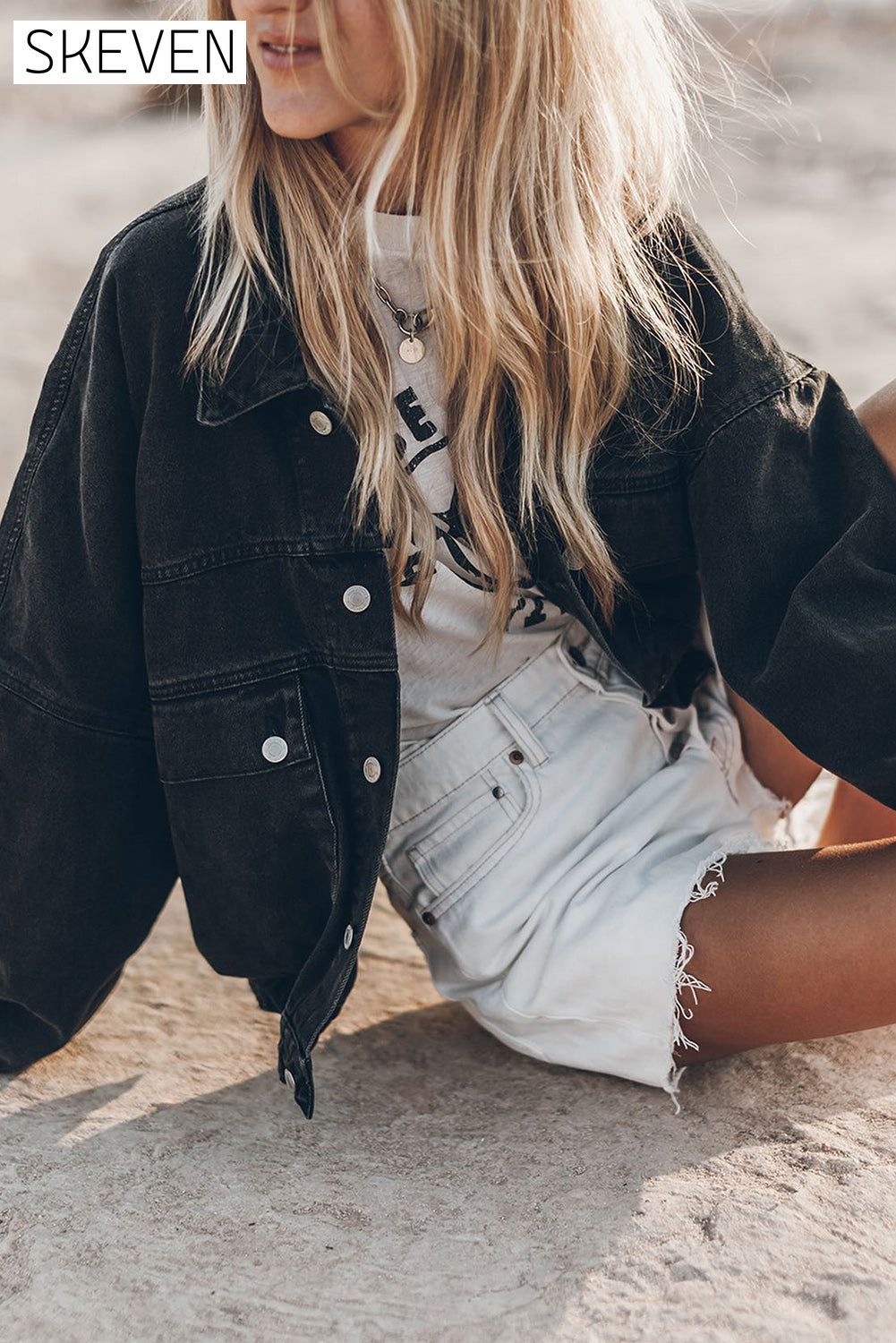 Black Metal Buttons Flap Pocket Drop Shoulder Denim Jacket All In Stock clothes EDM Monthly Recomend Fabric Denim Jackets & Coats Occasion Daily Print Solid Color Season Winter Style Casual