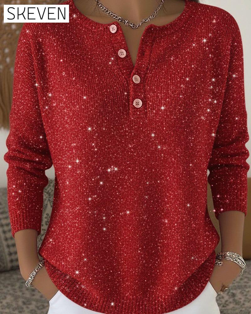 Long-Sleeved Crew Neck Button Pullovers