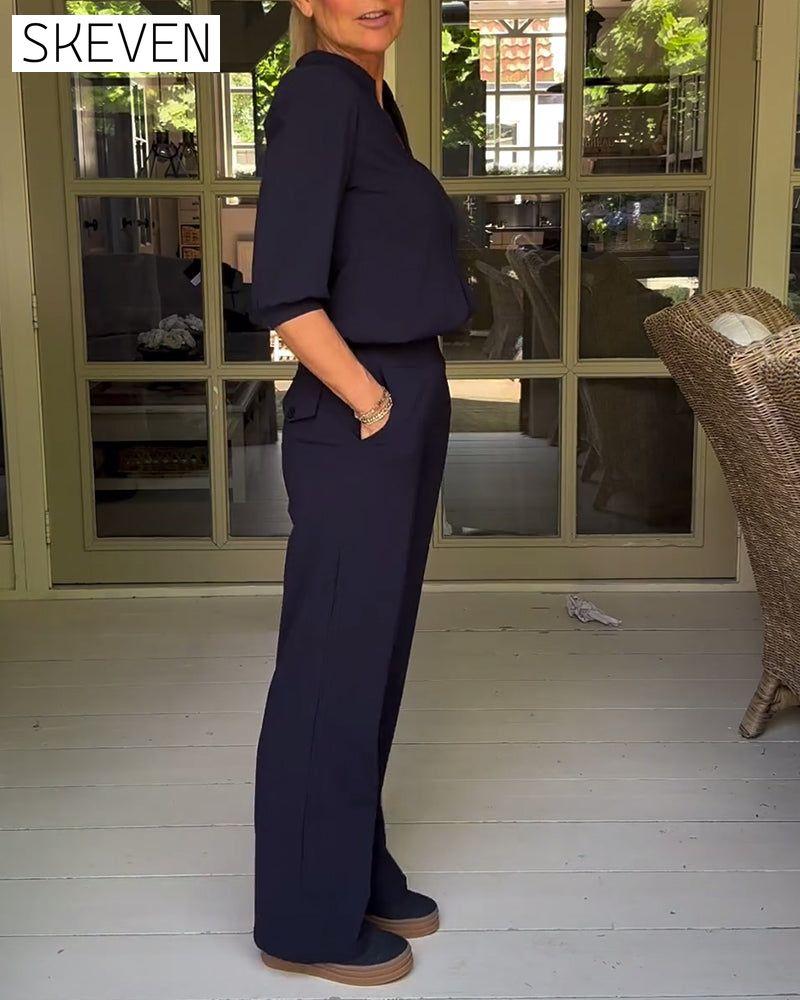 Fashion solid color V-neck pocket set