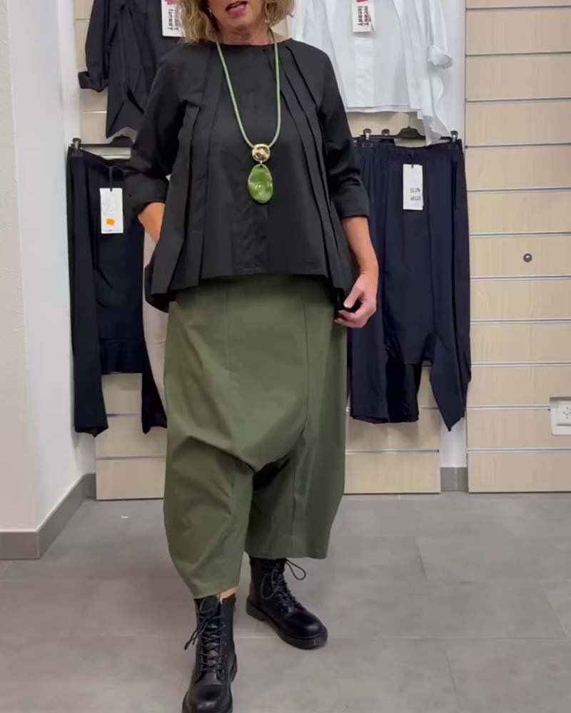 Irregular Hem Pleated Crew Neck Top