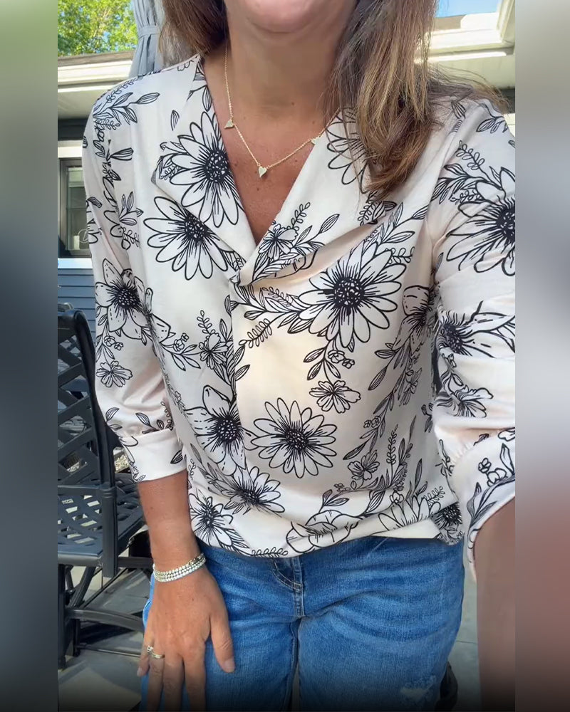Ink Wash Floral Three-Quarter Lapel Blouse