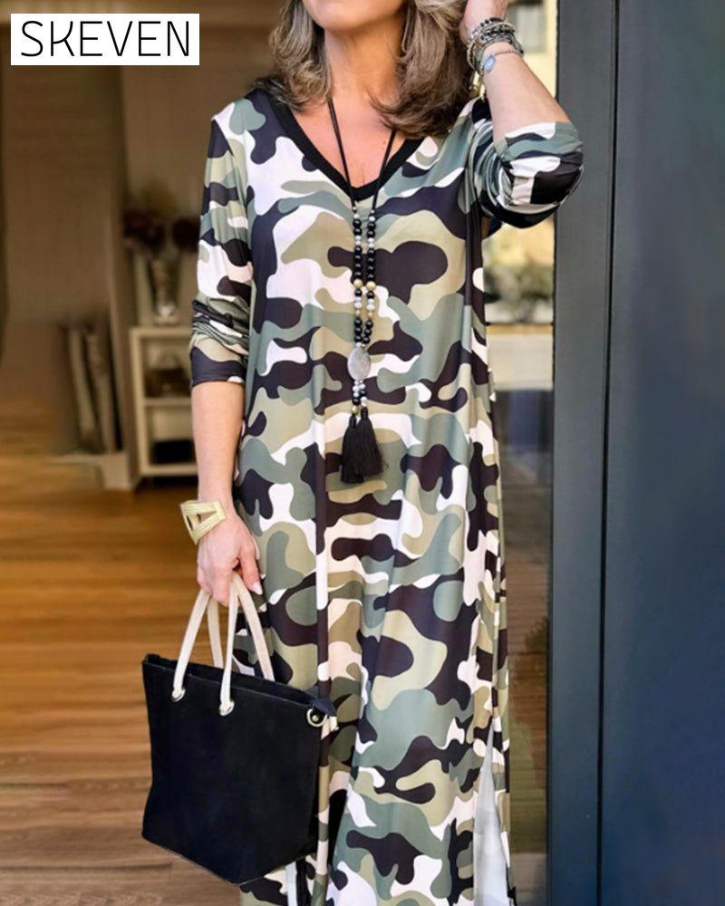 Camouflage Print V-Neck Dress