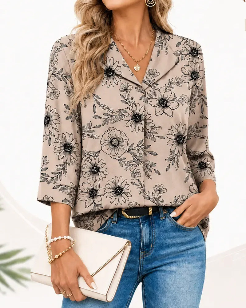 Ink Wash Floral Three-Quarter Lapel Blouse