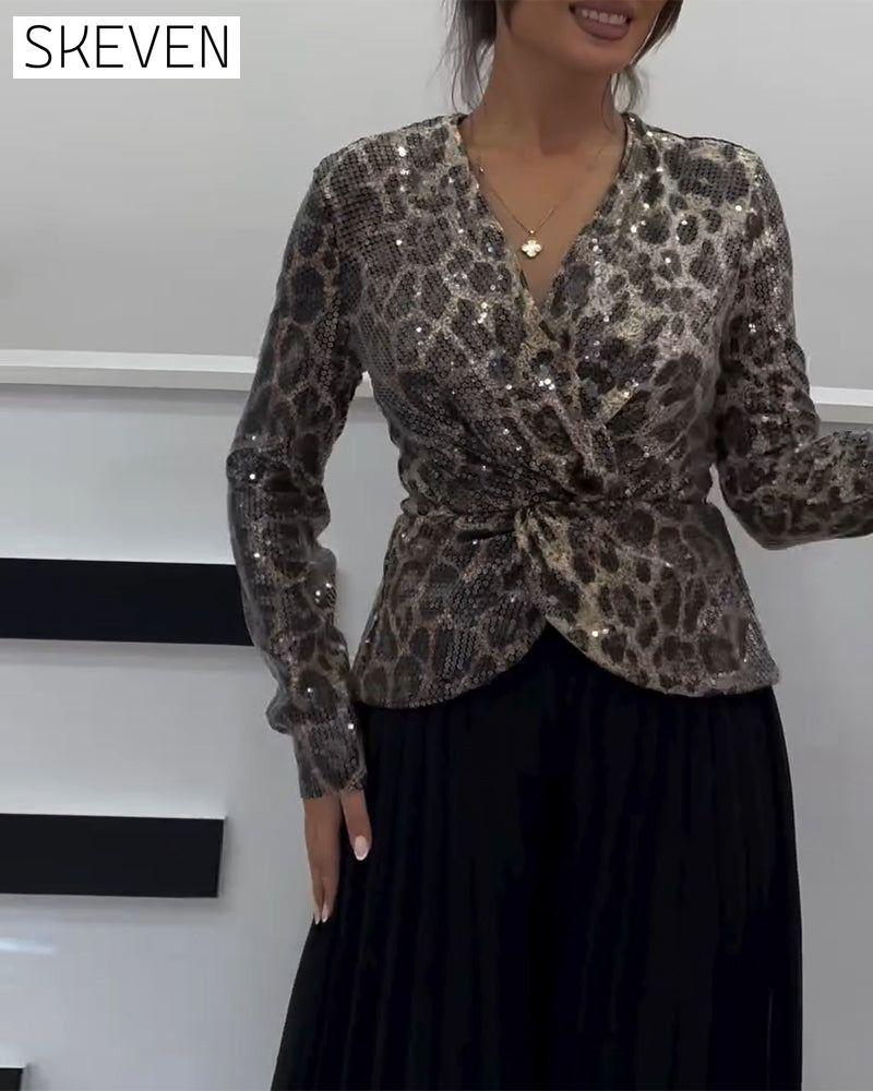 V-Neck Leopard Print Waist Shirt