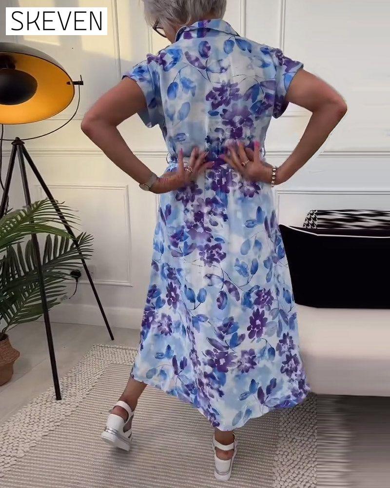 Elegant floral print lapel waist pleated dress 202466 casual dresses summer