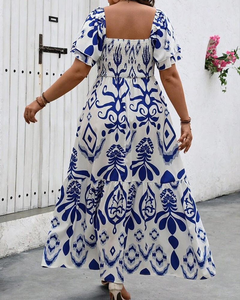 Blue Porcelain Square Neck Print Maxi Dress
