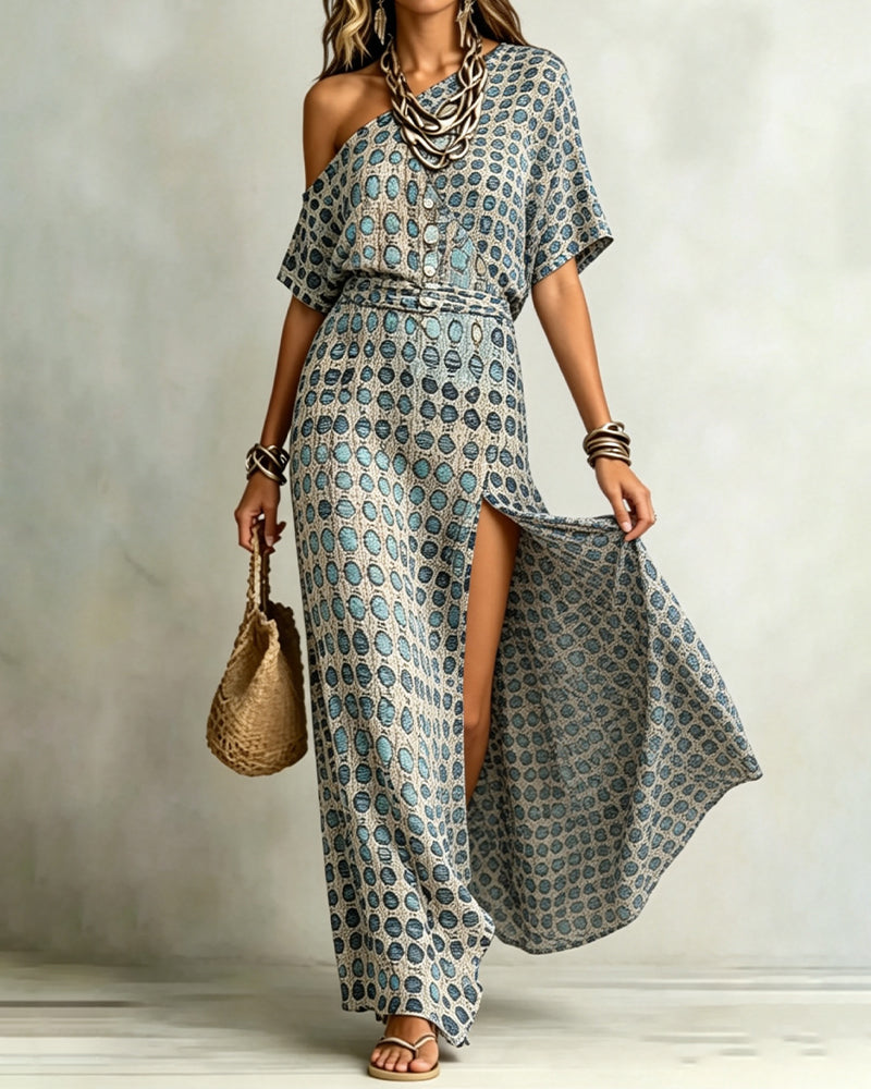 Off-Shoulder Polka Dot Slit Dress