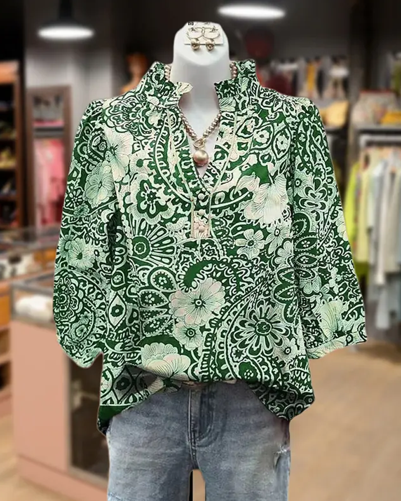 Paisley Floral Print Mandarin Collar Blouse