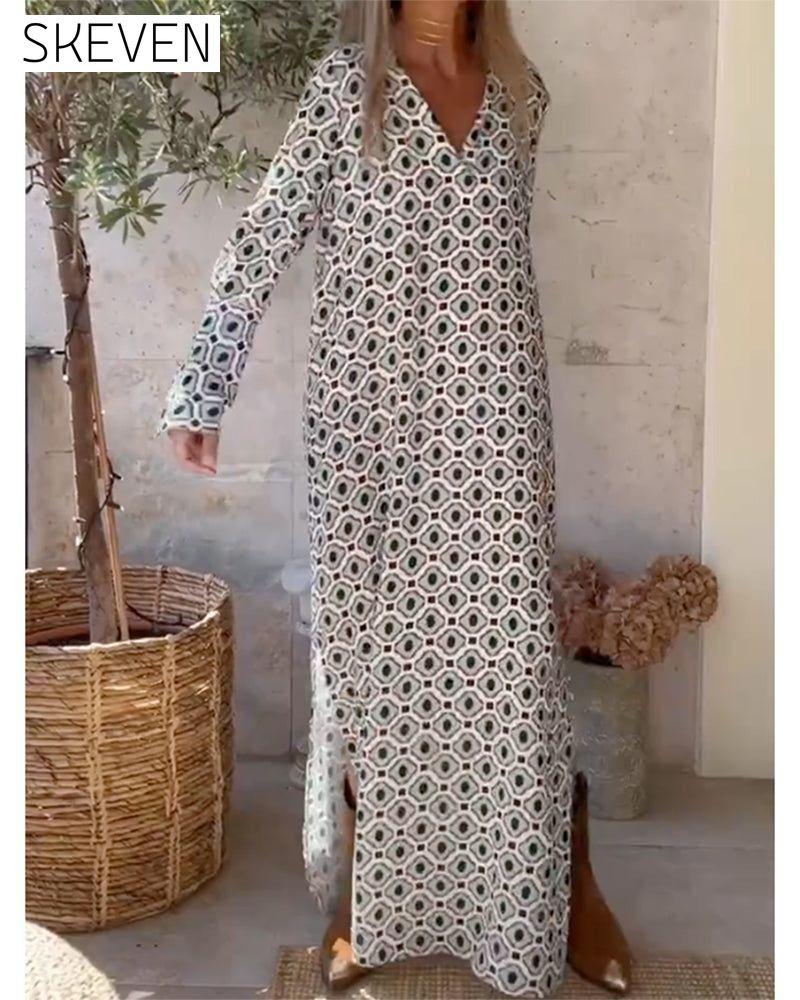 Batik print long sleeve long dress Light green 23BF Casual Dresses Clothes Dresses Spring