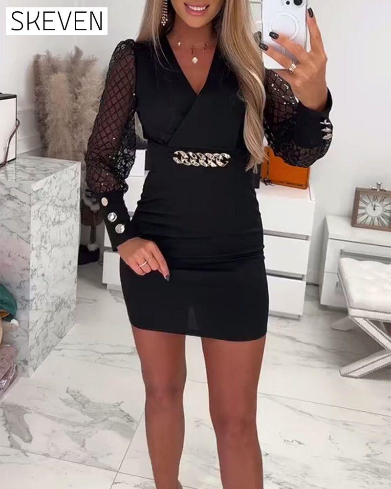 V-Neck Chain Button Mesh Patchwork Dress