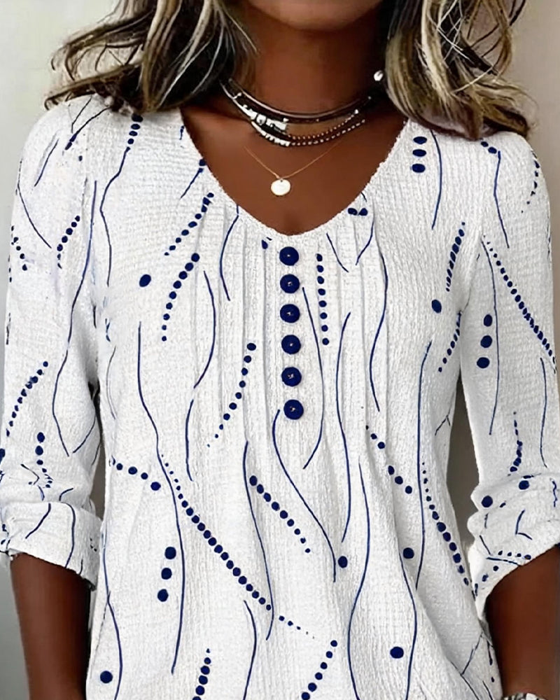 Striped V-Neck Button-Down Casual Top