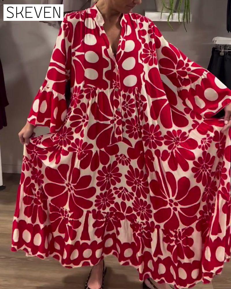 V-Neck Loose Plus Size Floral Print Dress