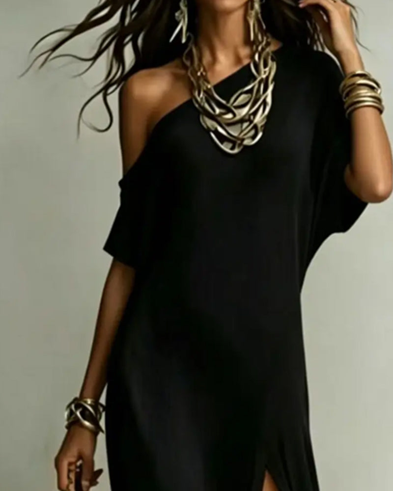 Off-Shoulder Slit Batwing Sleeve Dress