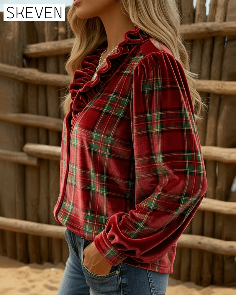 Ruffled V-Neck Velvet Top
