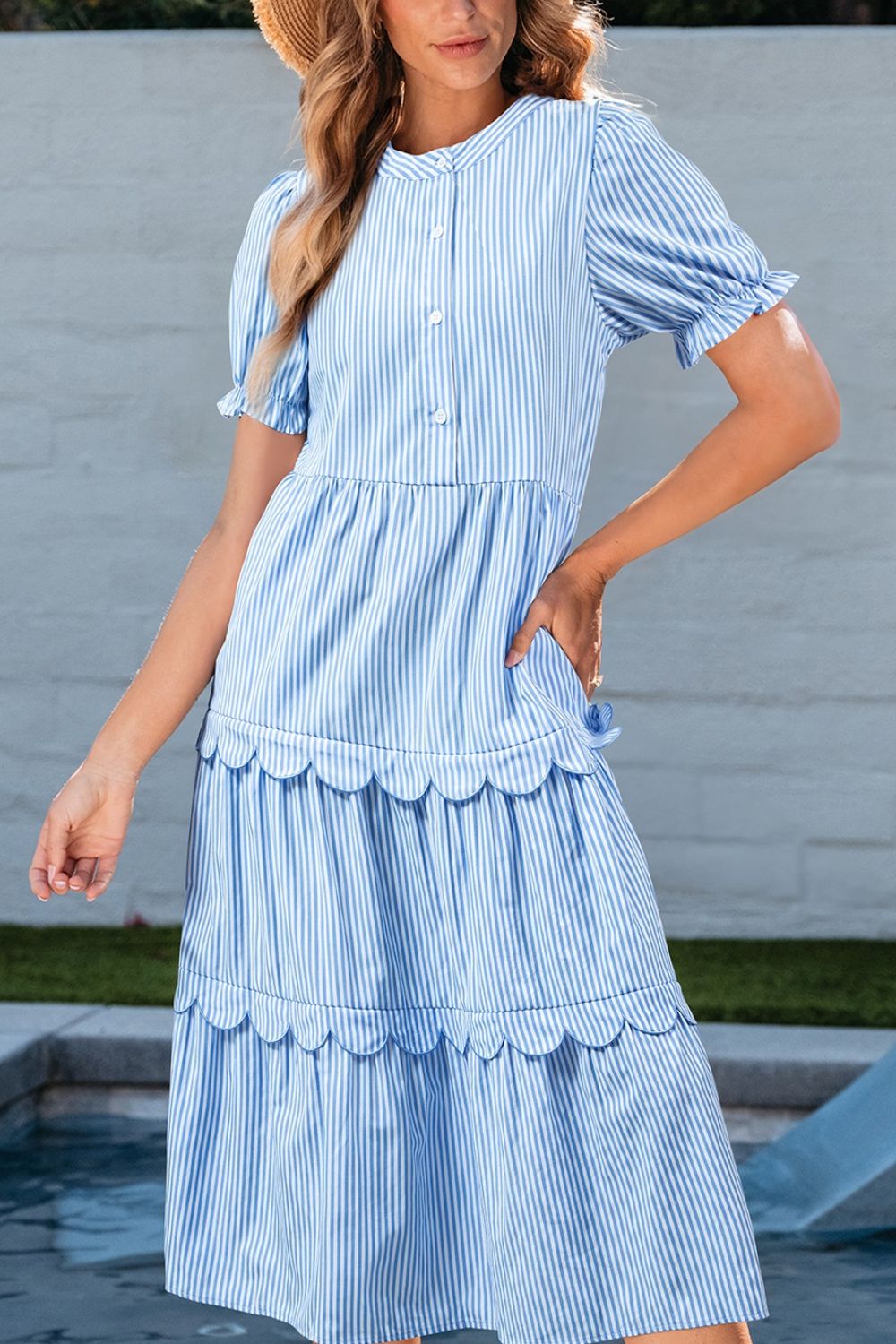 Stripe Bubble Short Sleeve Tiered Scallop Midi Dress