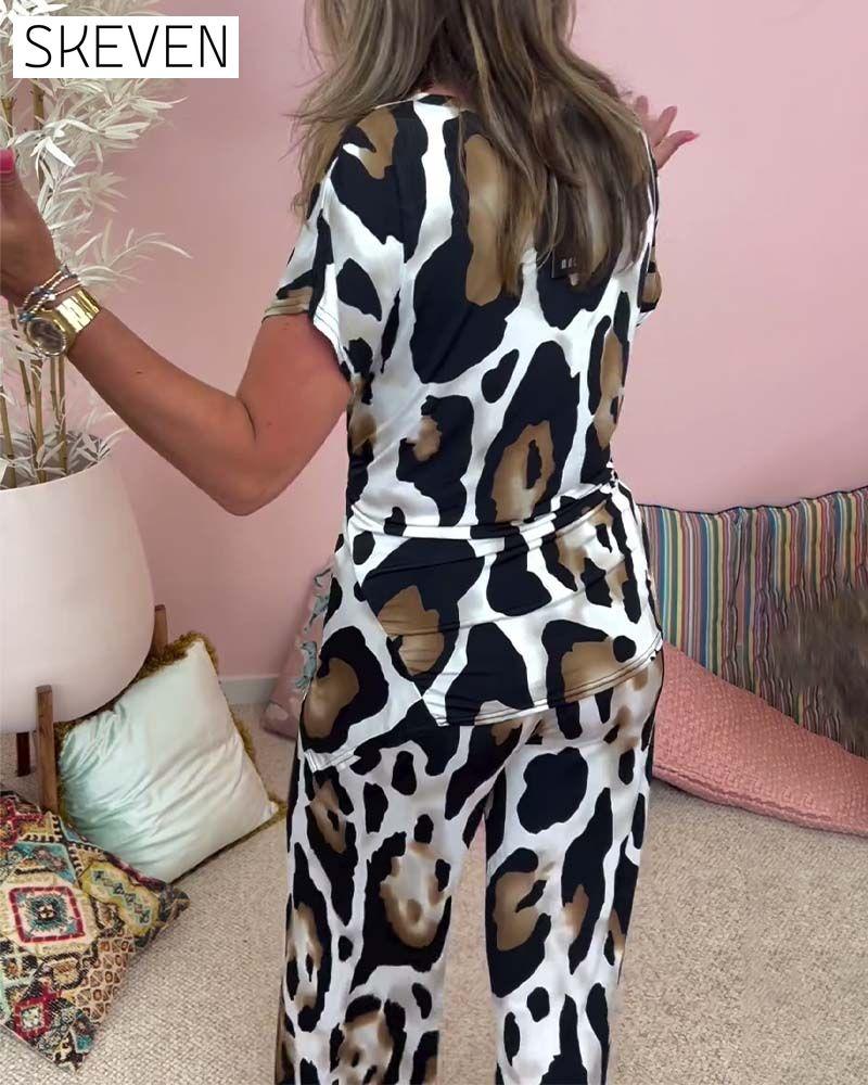 Leopard print lace-up casual two-piece set