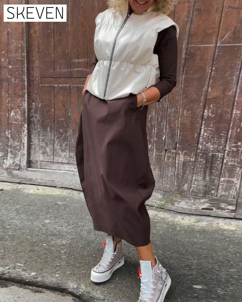 Simple solid color pocket long sleeve elegant dress