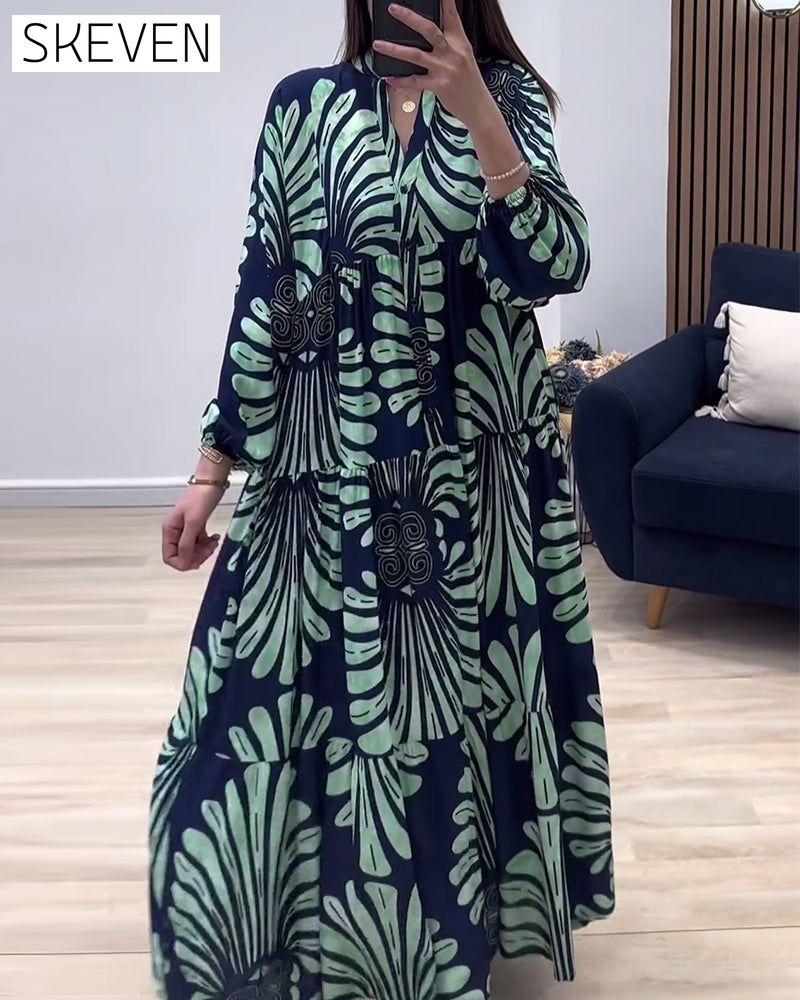 Stand collar long sleeve patchwork printed long dress