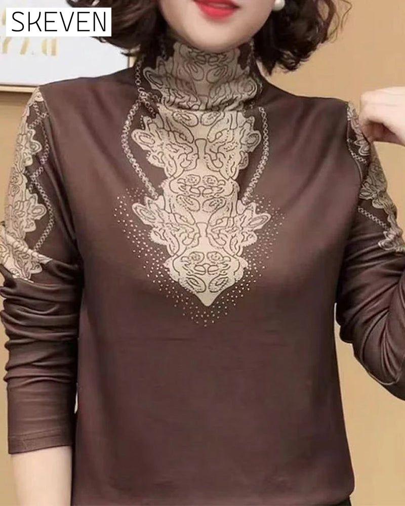 Elegant Printed Fitted Women's Stand Collar Top
