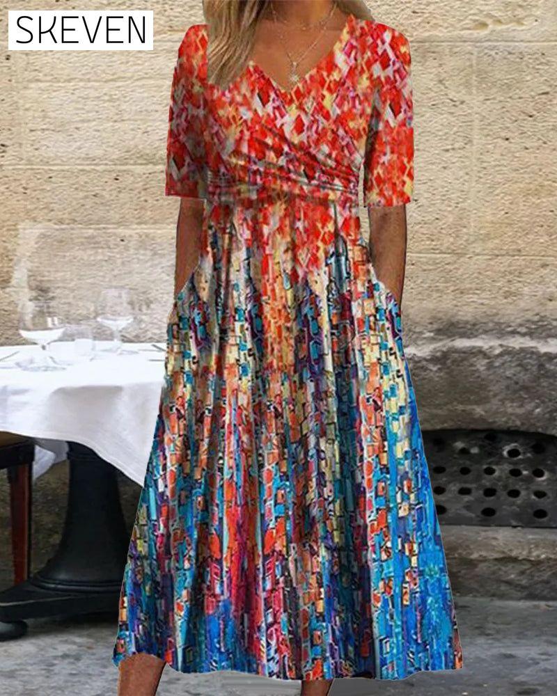 V-neck pocket printed resort dress