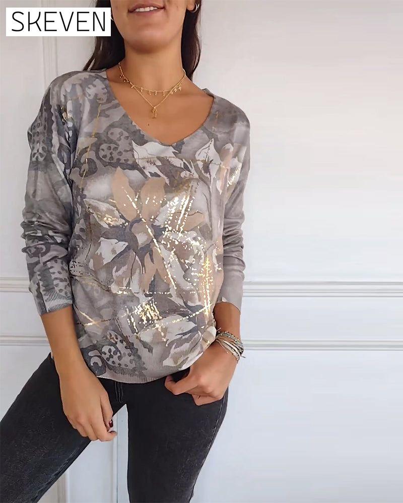 Vintage-Top mit Blumenmuster, V-Ausschnitt und langen Ärmeln