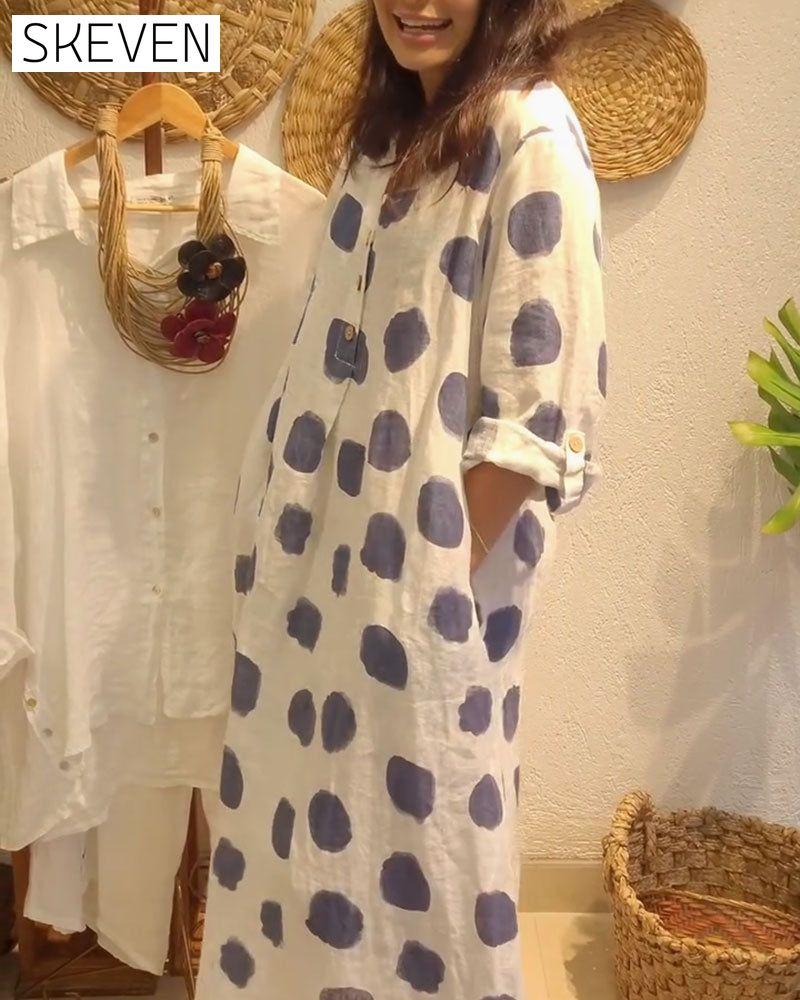 Lässiges, lockeres Langarmkleid mit Polka-Dots