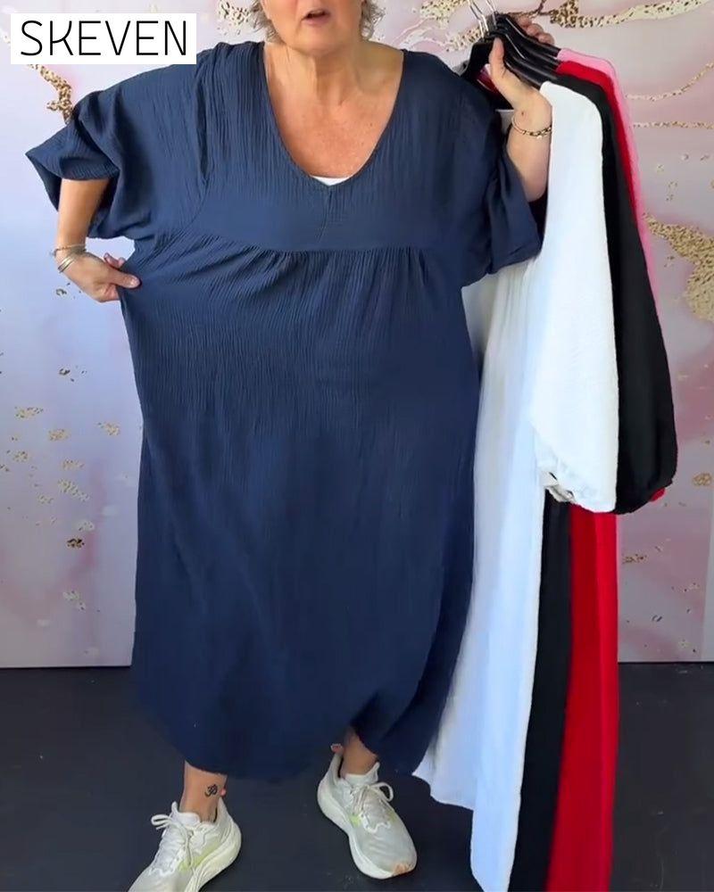 Kleid im Waldstil mit V-Ausschnitt, Falten und einfarbig