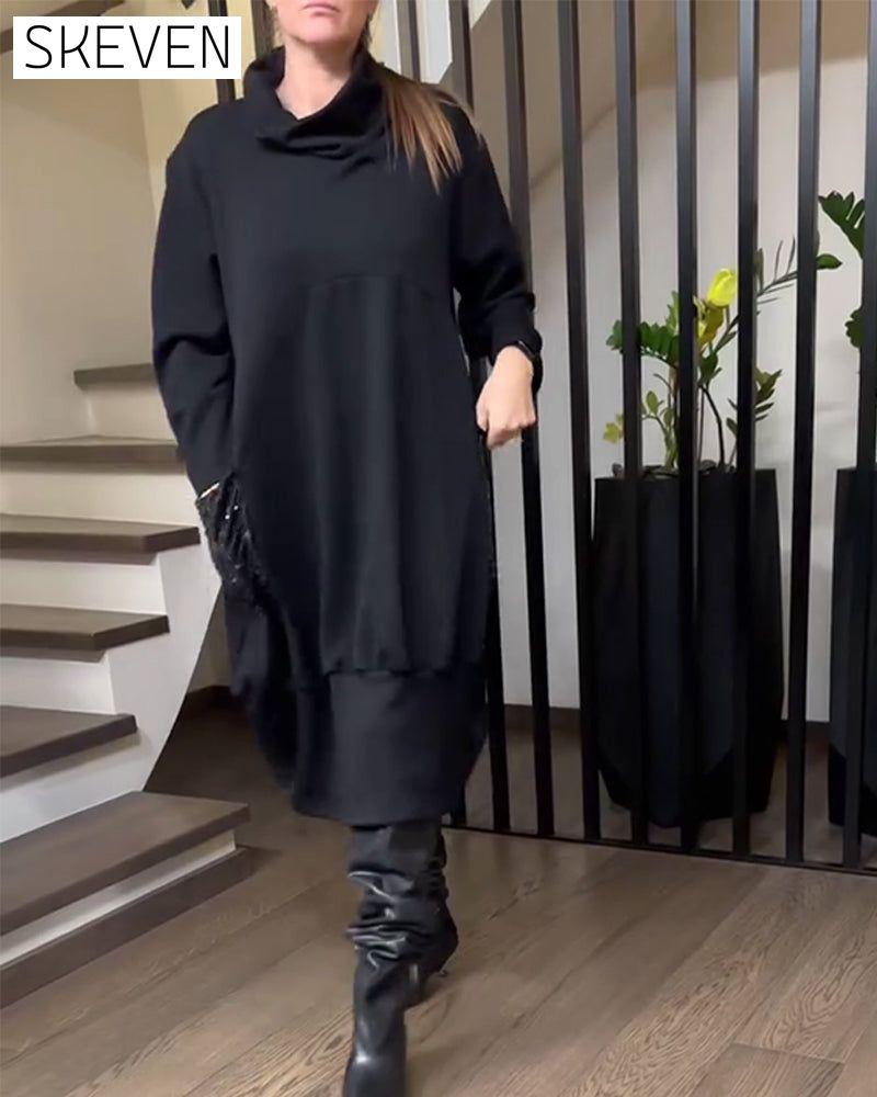 Paillettenbesetztes Sweatshirtkleid mit hohem Kragen und Taschen in Übergröße (Plus Size)
