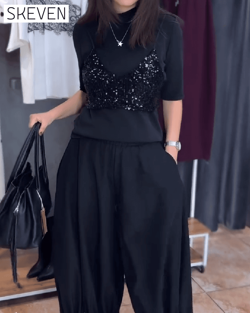Trendy Short-Sleeved Patchwork Top