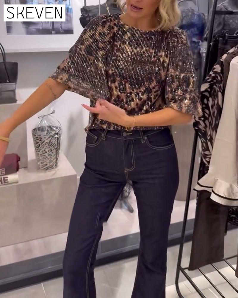 Lantern-Sleeve Sequined Leopard-Print Blouse