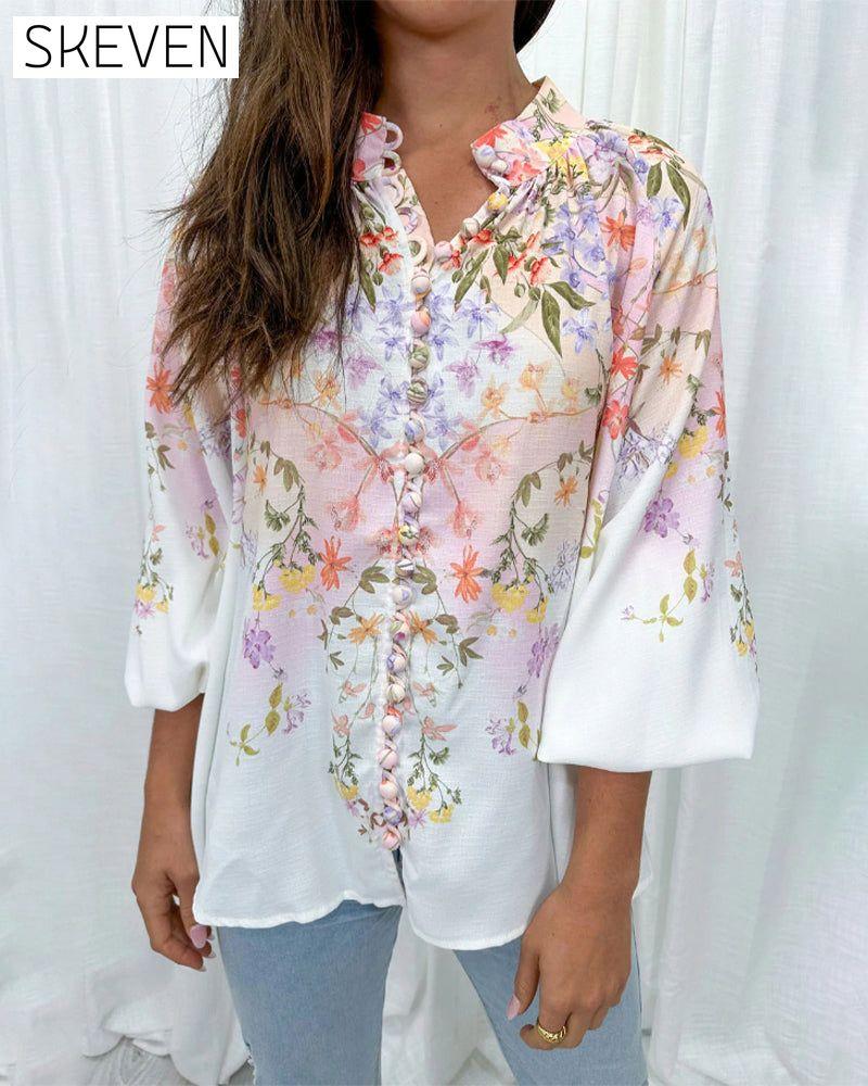 Floral print lantern sleeve button blouse 202466 blouses & shirts spring summer