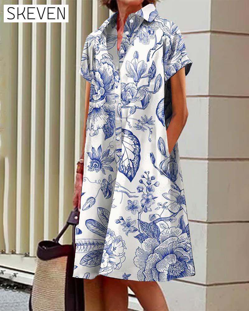Casual elegant printed dress with lapel pockets