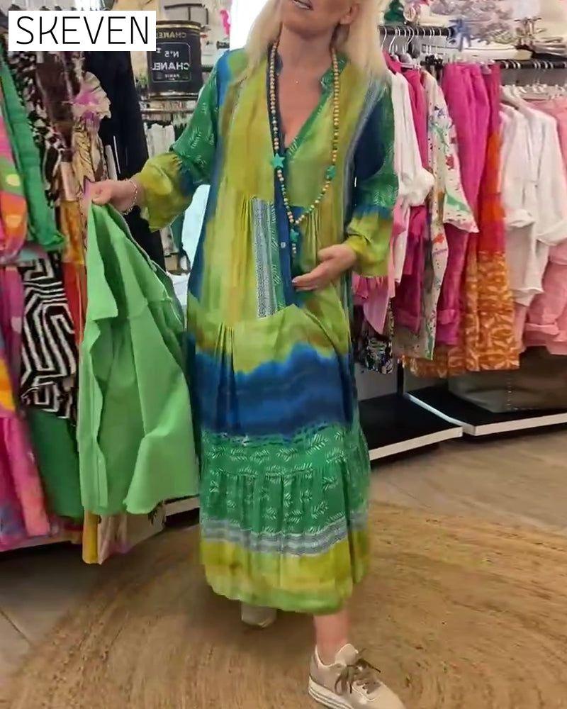 Printed casual V-neck flare sleeve long dress casual dresses spring summer vacation dresses