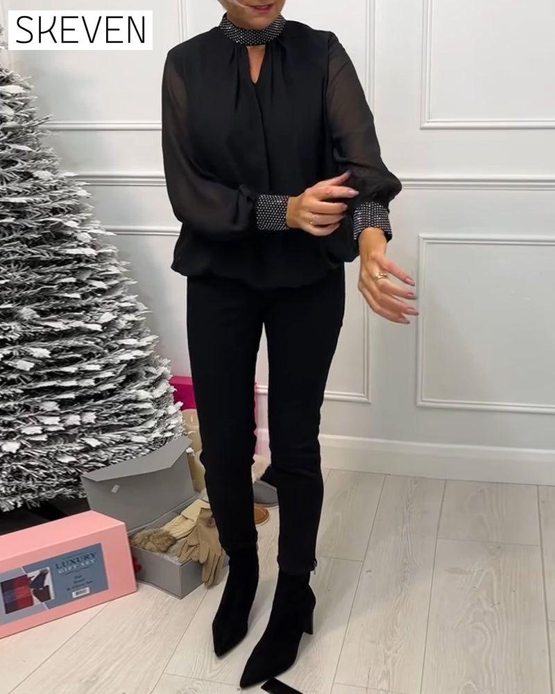 Blouse unie tendance à col montant patchwork ajouré