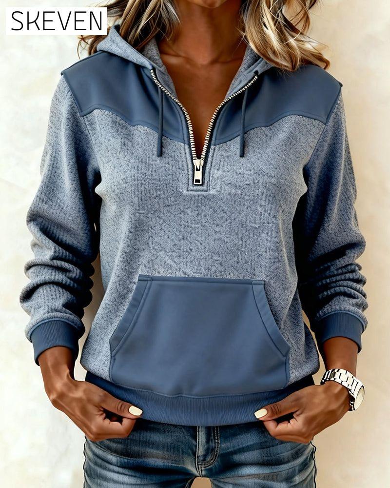 Lässiger Kapuzenpullover mit halbem Reißverschluss und Tasche