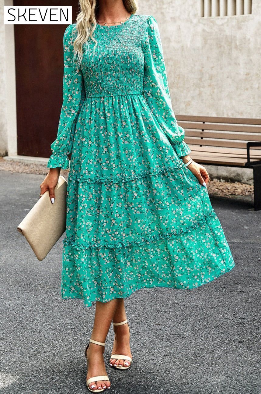 Smocked Flounce Sleeve Midi Dress Teal clothes DY Ship From Overseas trendsi
