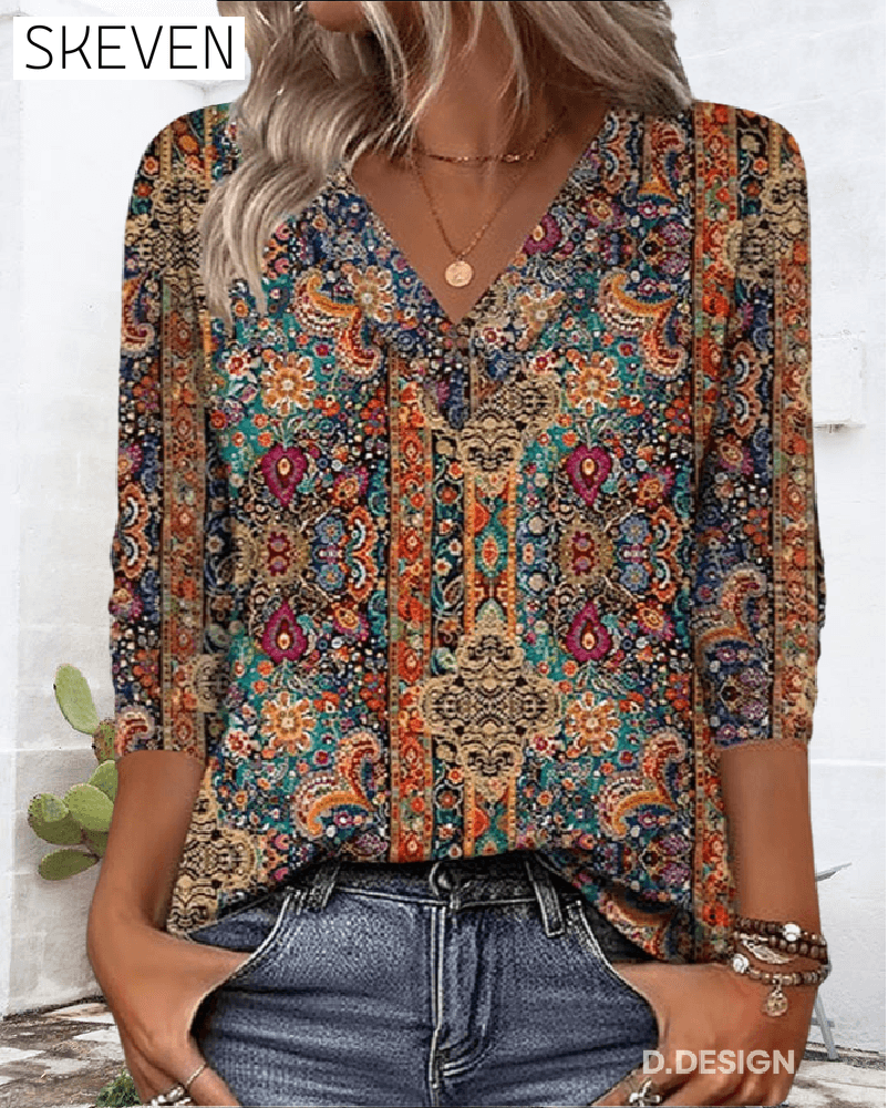 Retro-Bluse mit Print und V-Ausschnitt