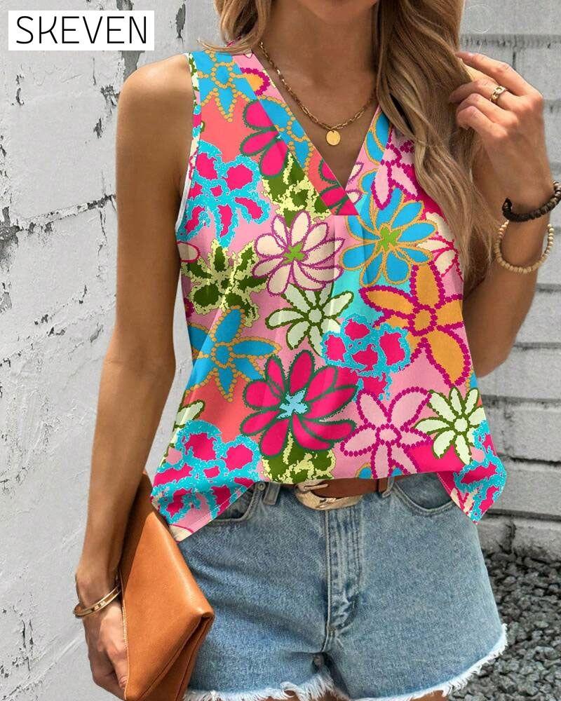V-Neck Floral Print Sleeveless Vest