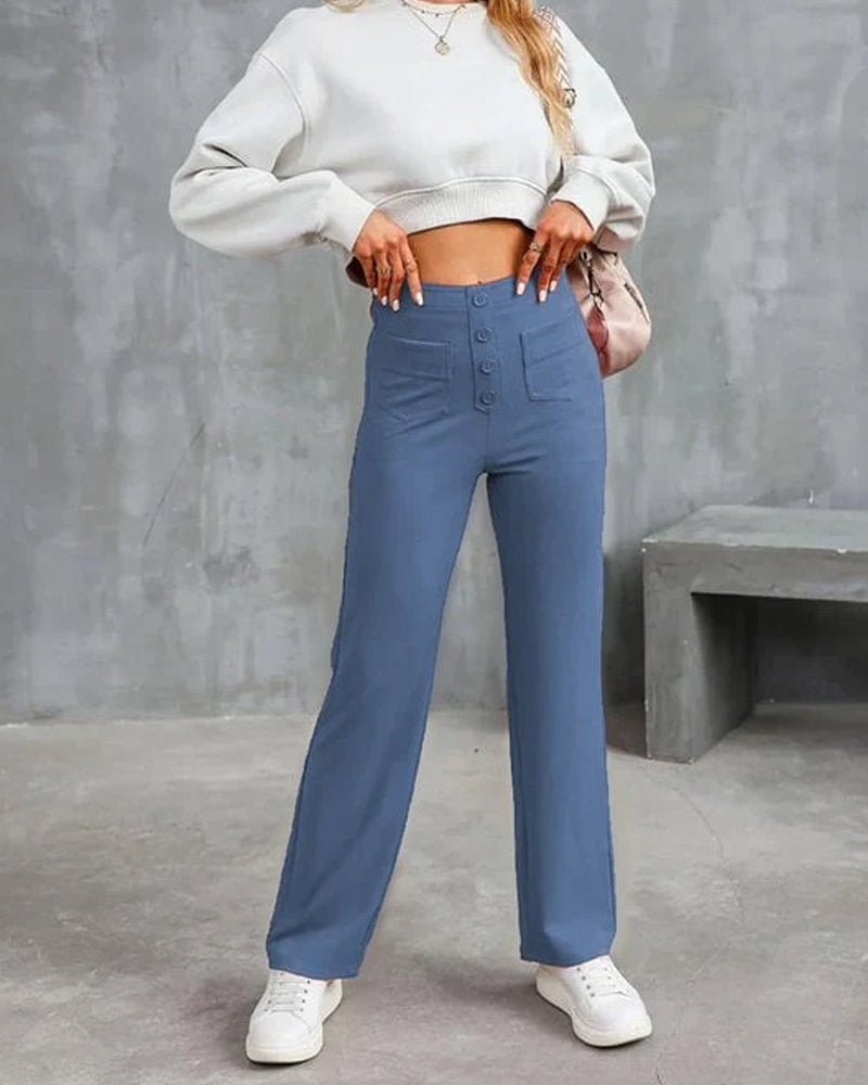 High-Waisted Button-Down Wide-Leg Pants