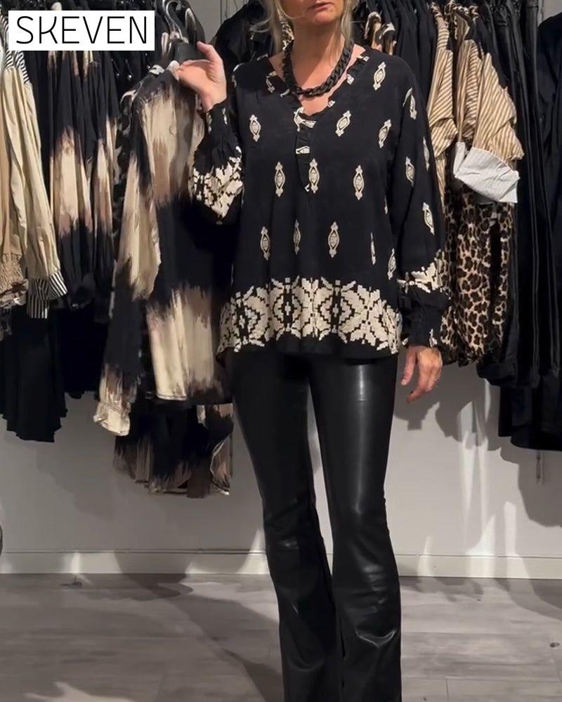 chemise imprimée à col en V et manches lanternes