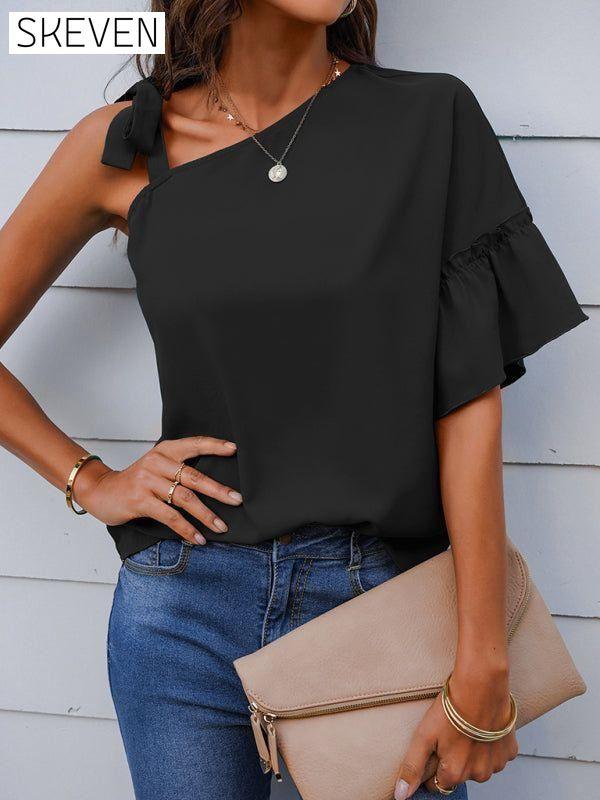 Women's fashion diagonal collar Ruffle Sleeve Chiffon Top clothes off the shoulder shirt shirt shirts short sleeve short sleeve shirt short sleeve top tops Tops/Blouses