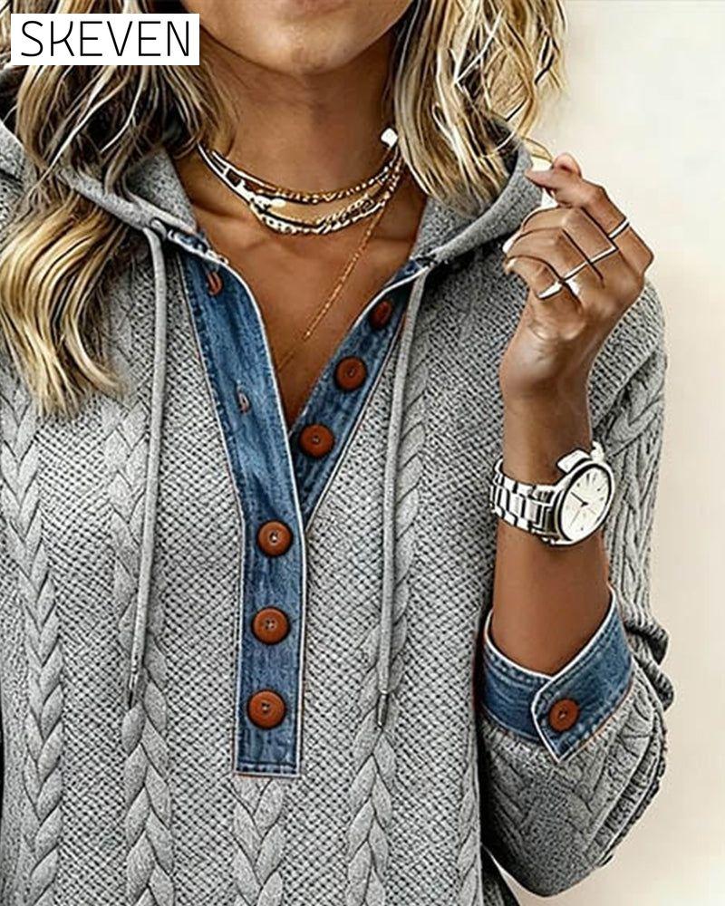 Color-Blocked Button Long-Sleeved Hooded