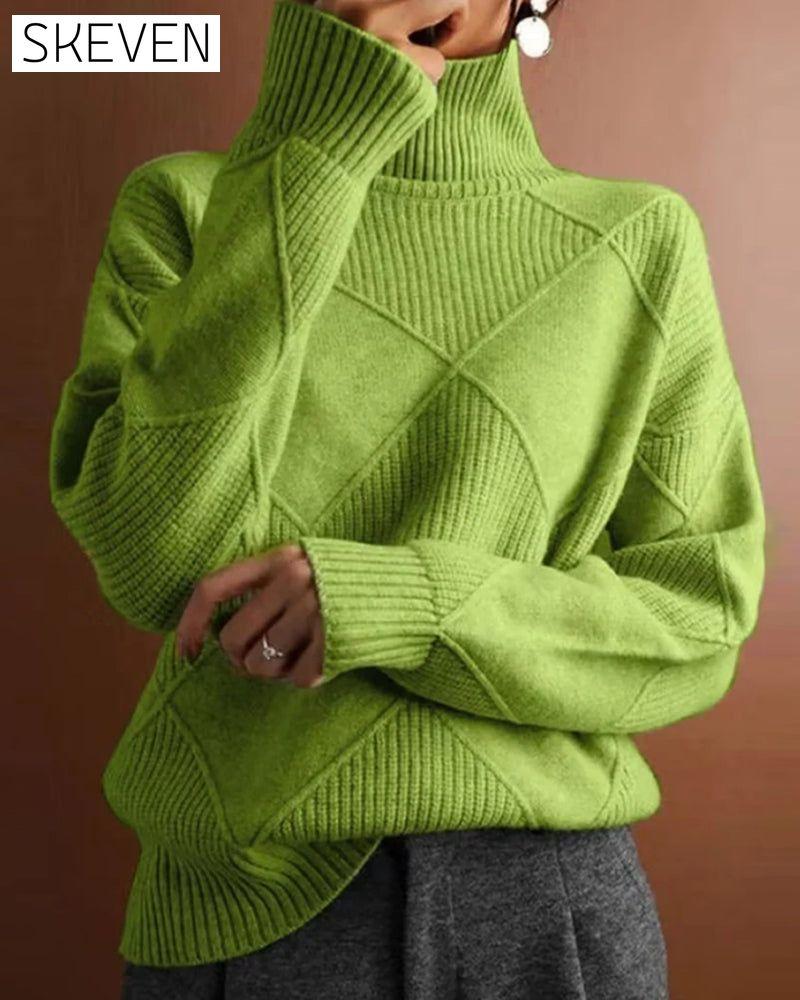 Simple solid color diamond pattern elegant turtleneck sweater