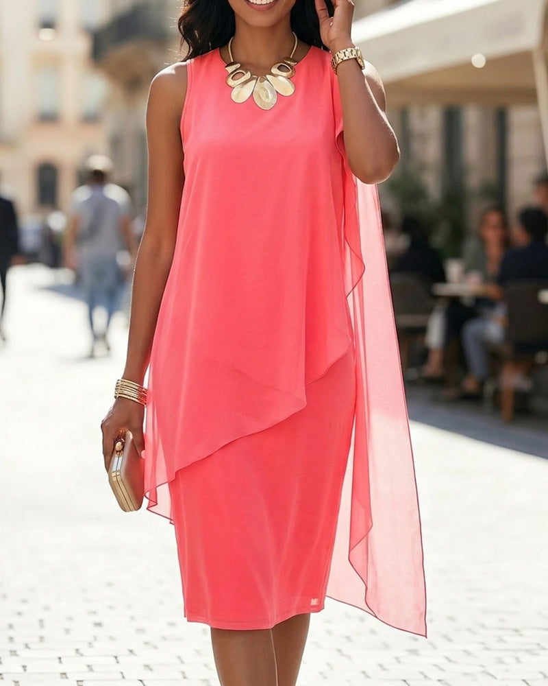 Solid Color Round Neck Sleeveless Flowy Dress