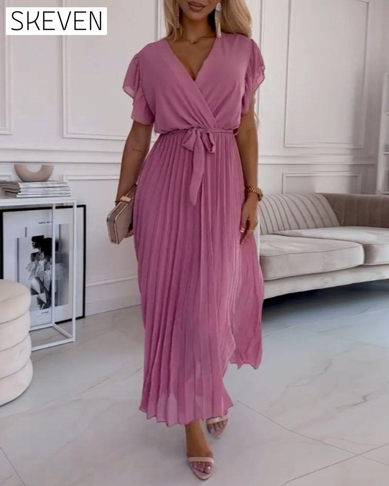 Solid color ruffled sleeves V-neck elegant dress casual dresses summer