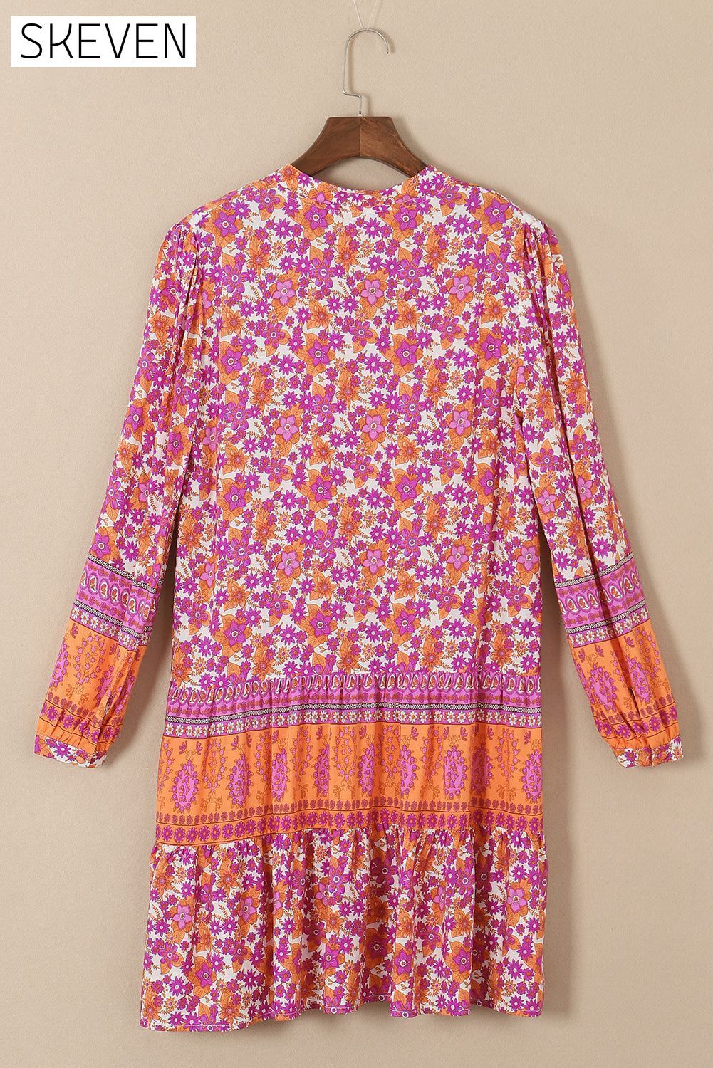 Rose Boho Floral Puff Sleeve V-Neck Ruffled Dress All In Stock clothes Color Pink DL Mediterranean EDM Monthly Recomend Occasion Vacation Print Floral Season Spring Silhouette A-Line Style Bohemian