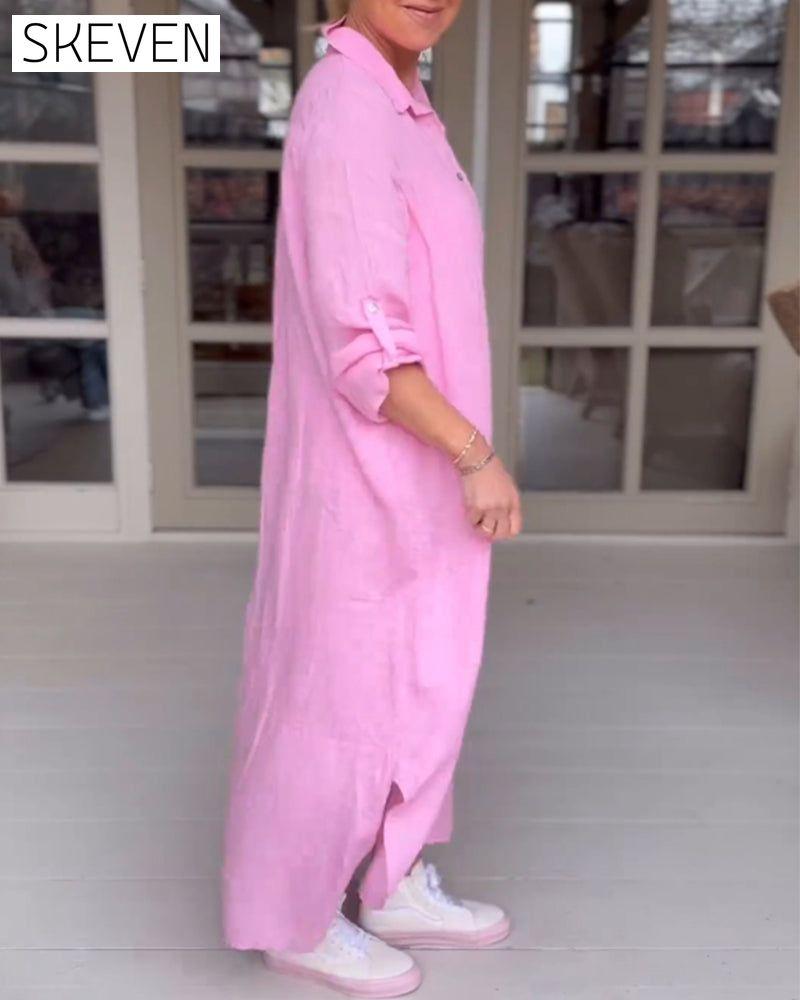 robe décontractée à revers boutonné couleur unie